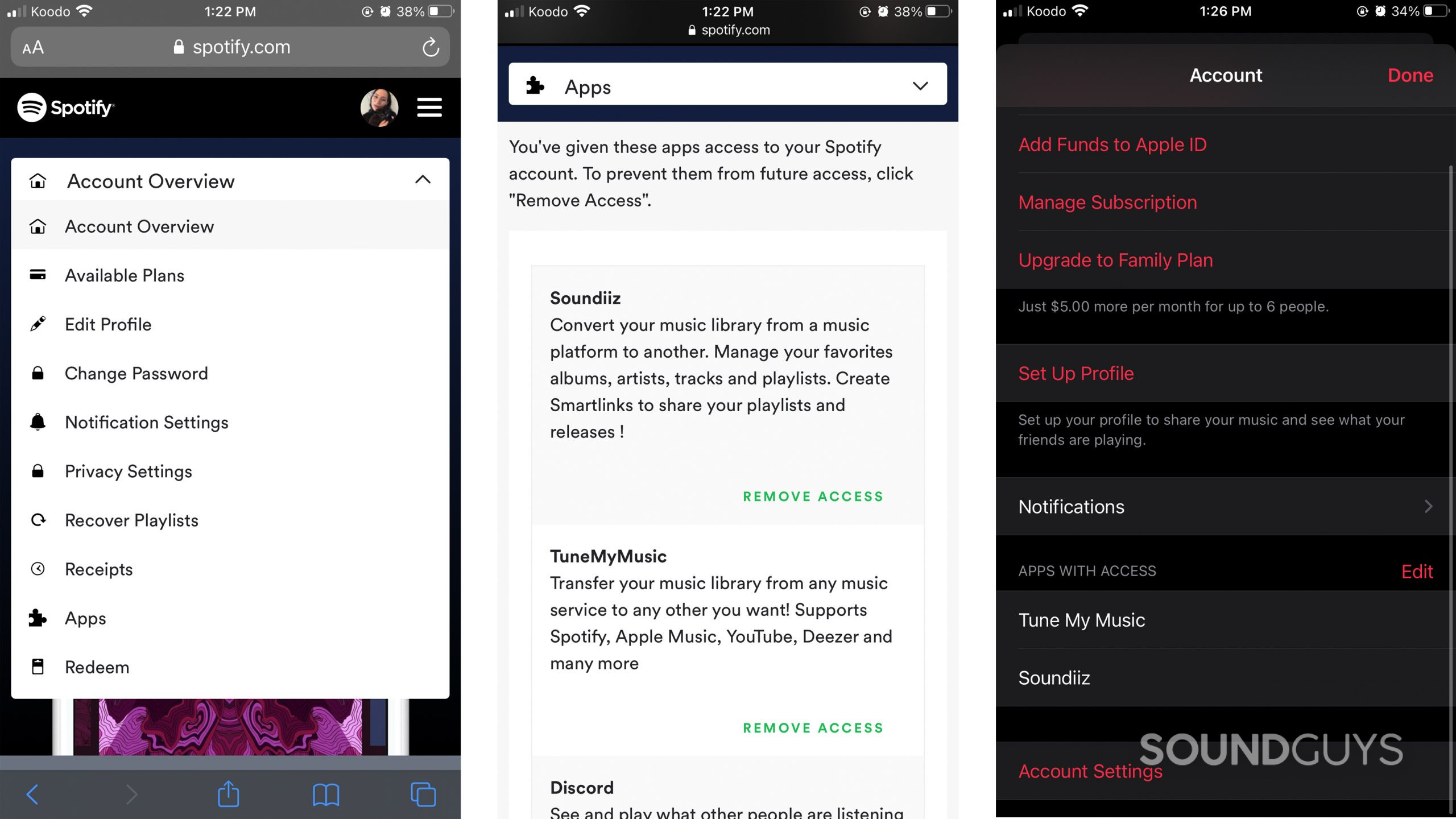 Apple-Music-Spotify-permissions-screenshots Screenshots showing where third party app permissions are in both Spotify and Apple Music.