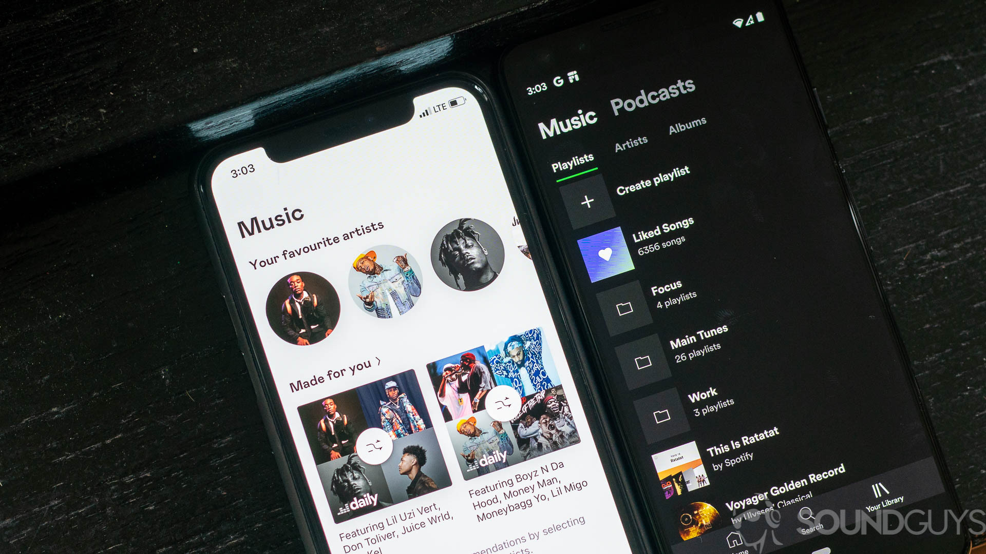 The Deezer and Spotify interfaces side by side