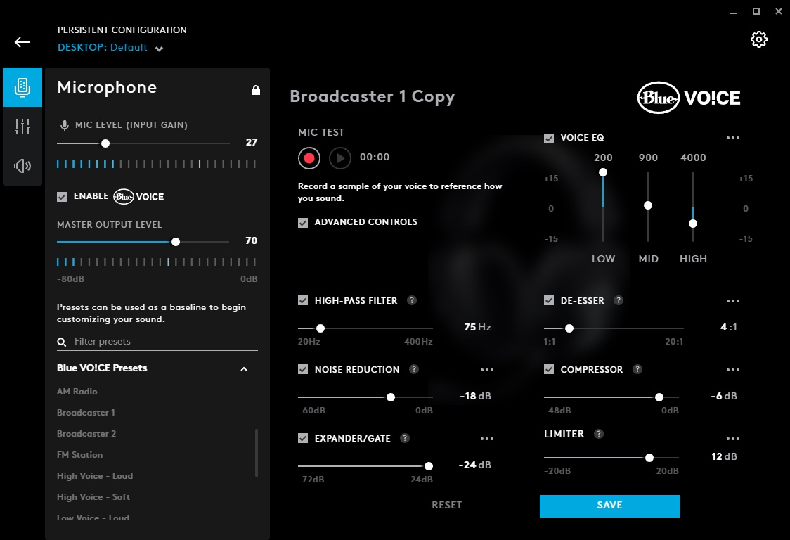 Logitech G HUB 2019-12-18 10_25_10 AM A screenshot of the Blue Vo!ce microphone settings for the Logitech G pro X in the Logitech G Hub app.
