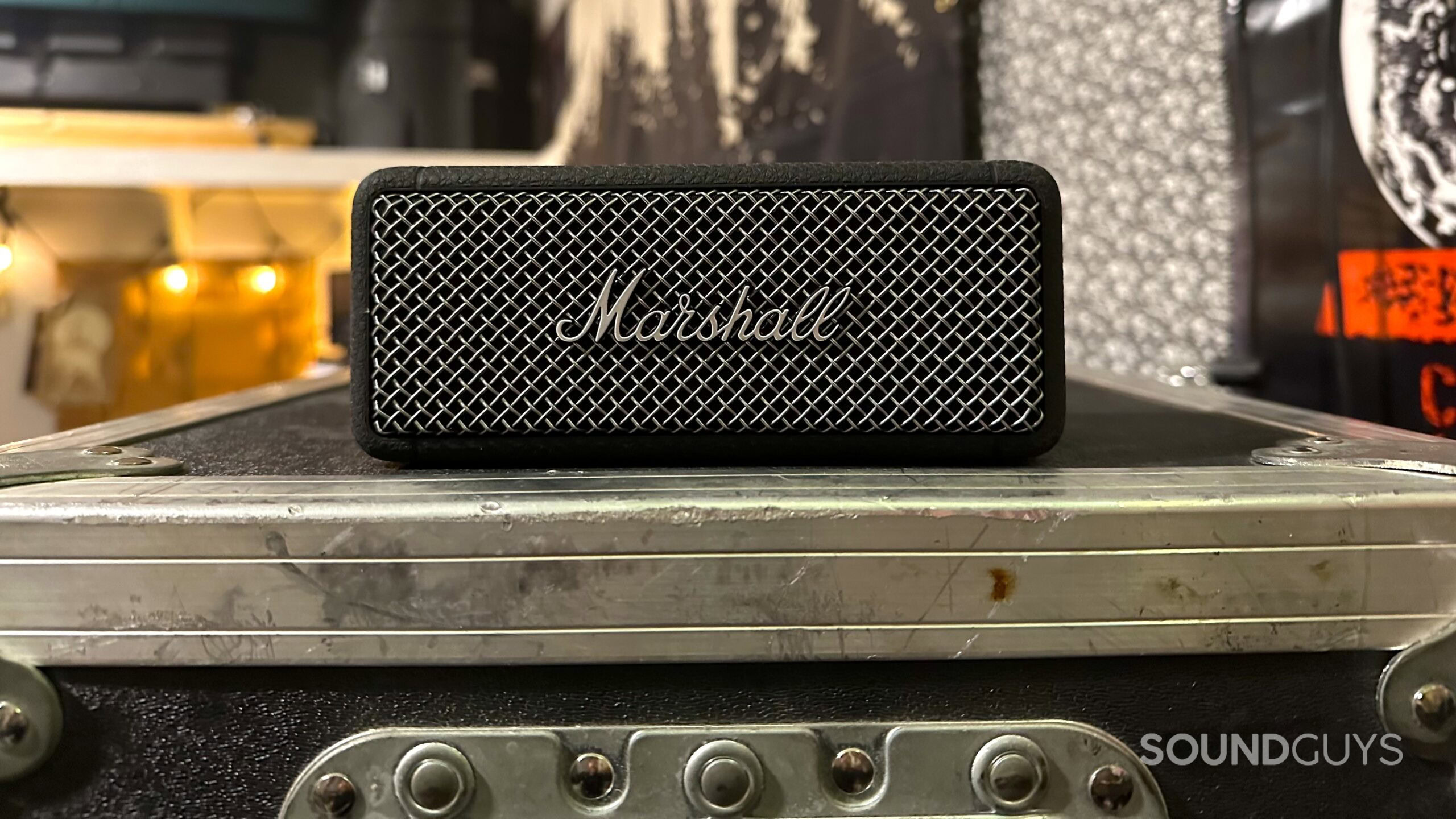 Marshall Emberton II front facing A front facing photo of the Marshall Emberton II on a road case.